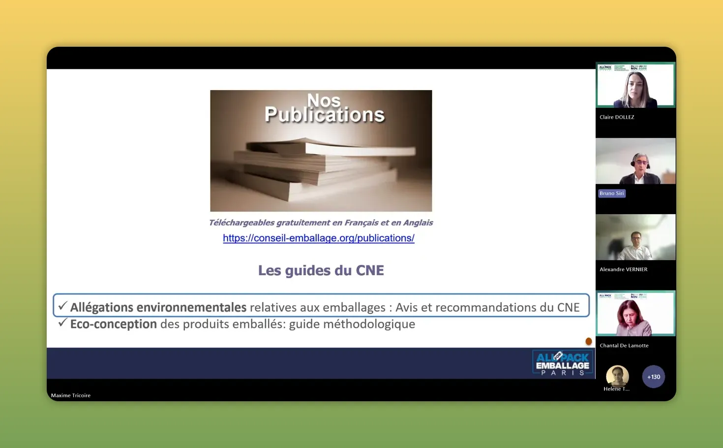 Klare Präsentationsfolie 'Nos Publications' mit Link zu conseil-emballage.org, Titel 'Les guides du CNE' und hervorgehobener Zeile zu 'Allégations environnementales'; Webinar‑Teilnehmer rechts, Teilnehmerzahl +130 sichtbar.