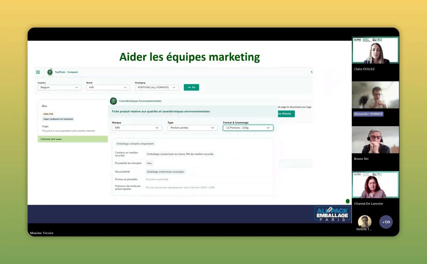 Große Folie 'Aider les équipes marketing' mit eingeblendetem Bildschirm des Compact‑Tools von Groupe BEL, das Felder zu Marke, Typ und Recyclability anzeigt.