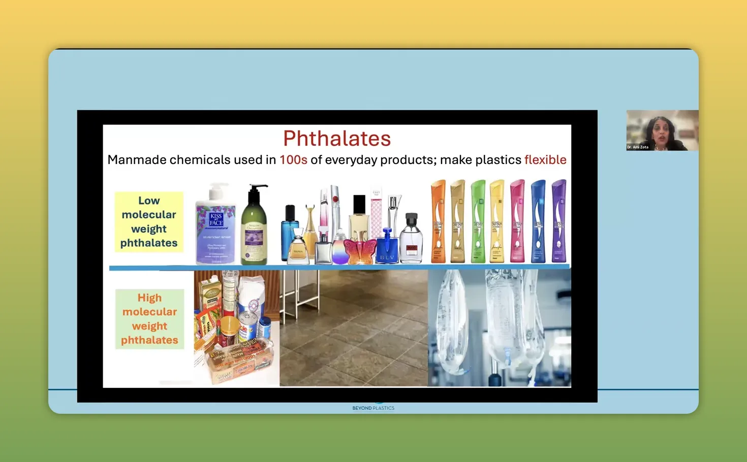 PowerPoint-Folie 'Phthalates' zeigt Produkte und Verpackungen als Quellen von Schadstoffen.