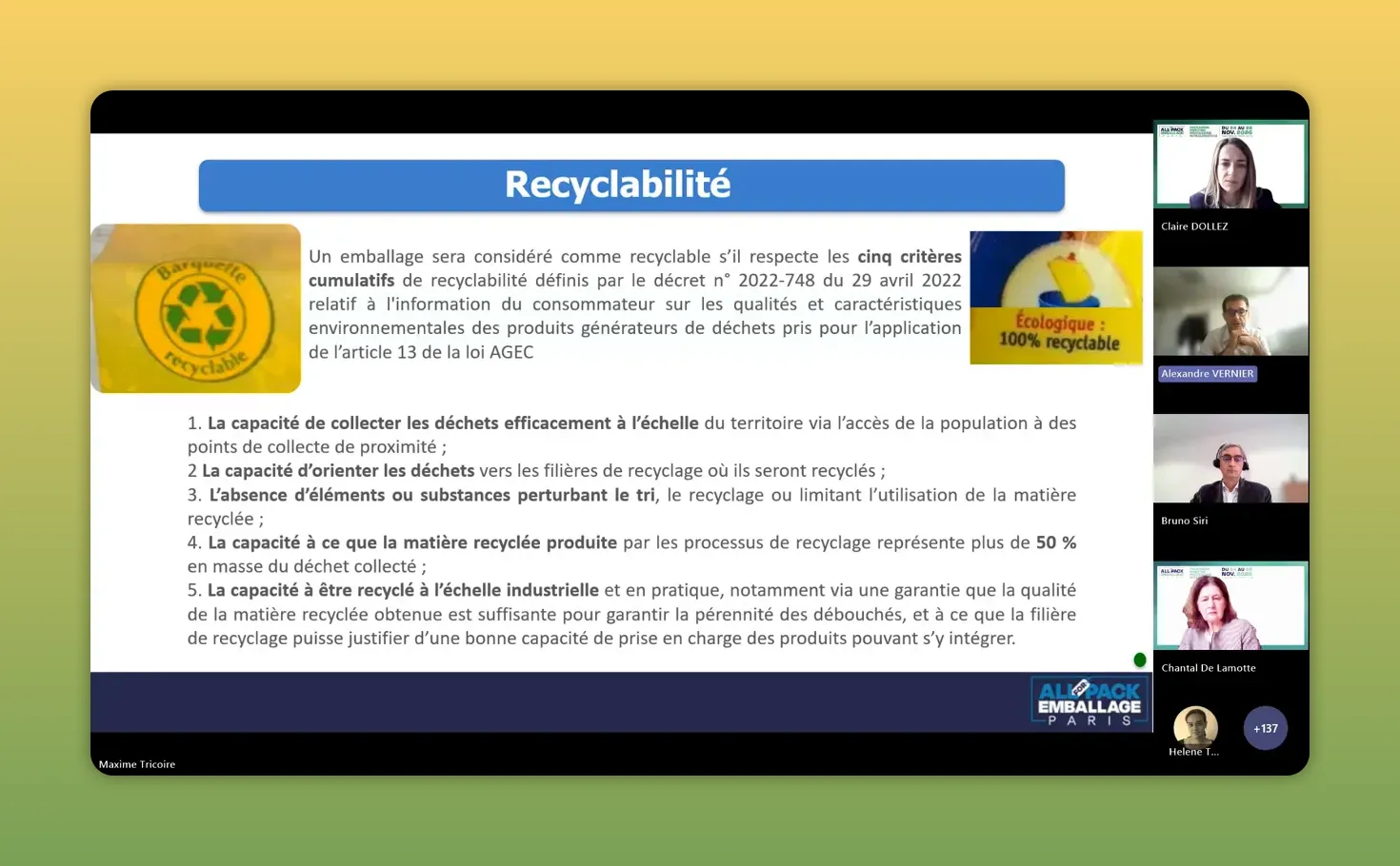 Klare Präsentationsfolie 'Recyclabilité' mit den fünf Kriterien zur Bewertung von Recyclingfähigkeit; rechte Seite zeigt Teilnehmer der Videokonferenz.