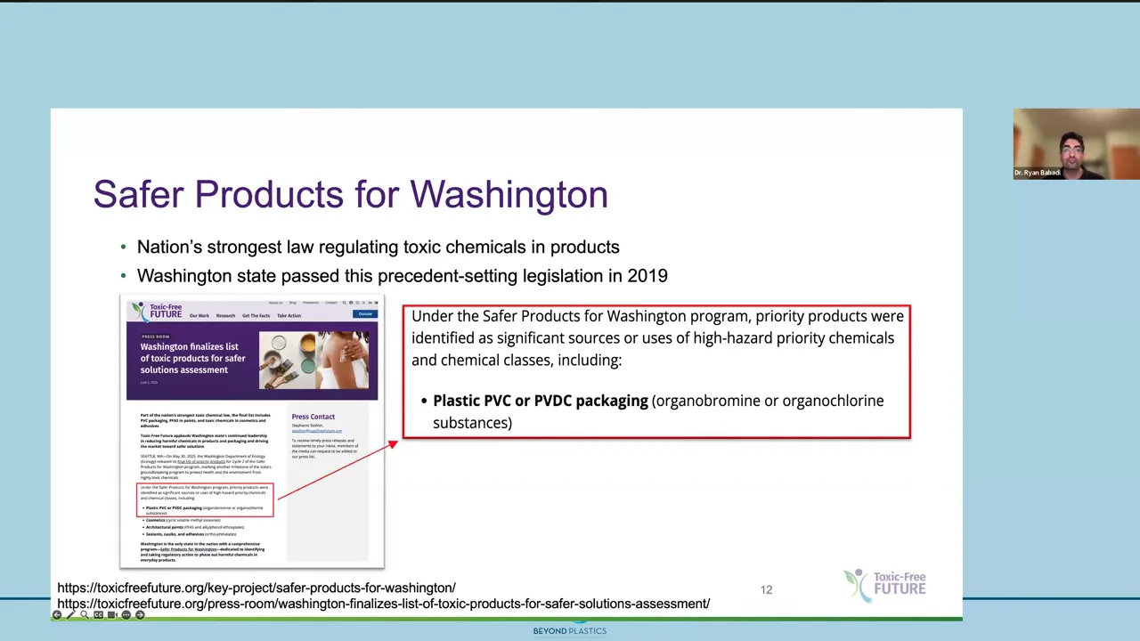 Folie 'Safer Products for Washington' mit Hervorhebung zu Plastic PVC or PVDC packaging