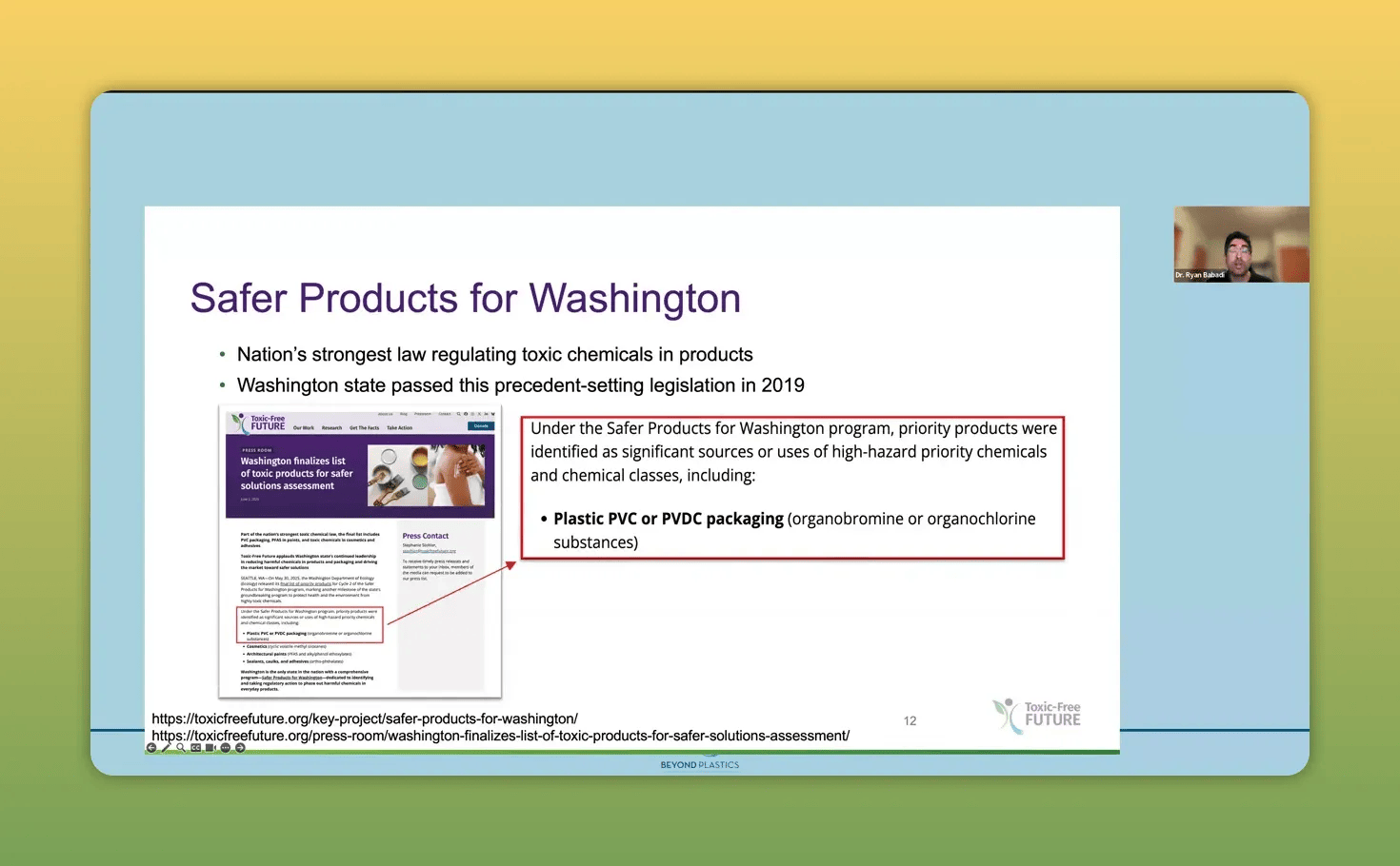 Klare Folie 'Safer Products for Washington' mit hervorgehobener Passage 'Plastic PVC or PVDC packaging' und kleinem Sprecherfenster